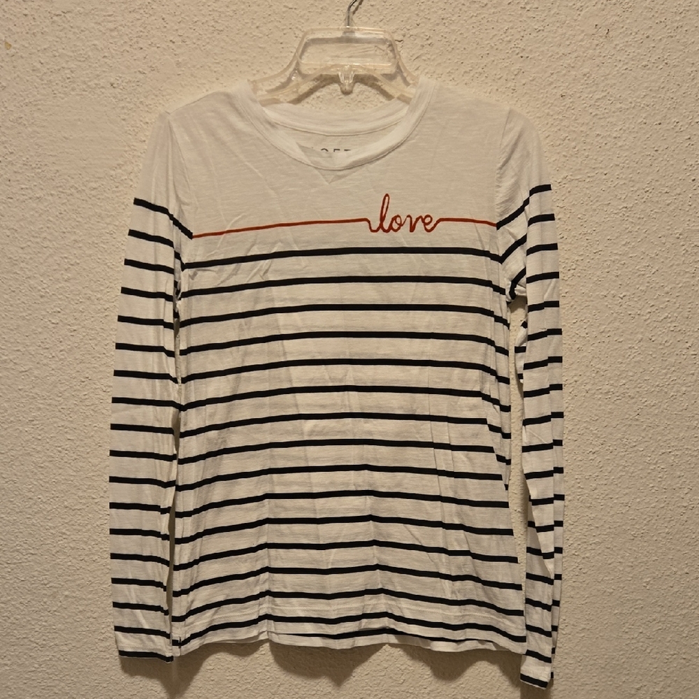 B10 LOFT White And Black Striped LOVE Long Sleeve Tee Sz Mp